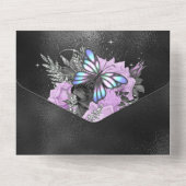 Lila Silberschmetterling Schwarz Rose Chic  All In One Einladung (Rückseite)