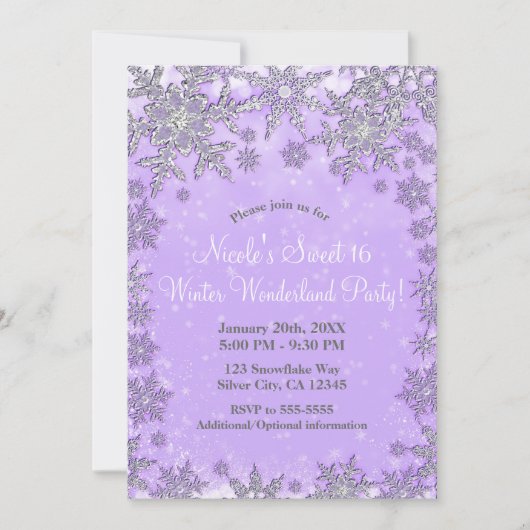 Lila Silberschneeflocken Winterwonderland Party Einladung (Vorderseite)