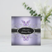 Lila Silberschwarze Jewel Butterfly Geburtstagspar Einladung (Stehend Vorderseite)