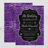 Lila Silberstreifen Streifen Glitzer Geburtstag Einladung (Vorne/Hinten)