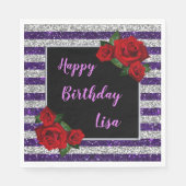 Lila Silberstreifen Streifen Glitzer Rote Rosen Ge Serviette (Vorderseite)