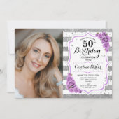 Lila silberweißes Foto 50. Geburtstag Einladung (Vorderseite)