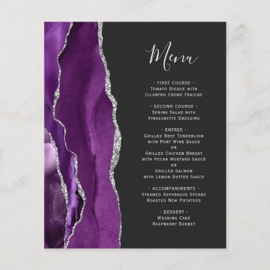 Lila Silver Agate Dark Wedding Menu (Vorderseite)