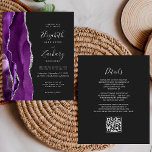 Lila Silver Agate Dunkle QR Hochzeit<br><div class="desc">Der links Rand dieser eleganten, modernen Hochzeitseinladung zeichnet sich durch eine lila Aquarellgrenze aus, die mit Imitaten silbernen Glitzer bestickt ist. Der anpassbare Text kombiniert Handschrift, Copperplate und kursiv Schriftart in silbergrau auf einem schwarzen Hintergrund. Fügen Sie zusätzliche Details auf der Rückseite, zusammen mit einem QR-Code, um Ihren Gästen zu...</div>