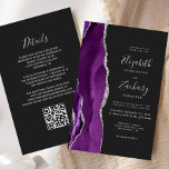 Lila Silver Agate Dunkle QR Hochzeit<br><div class="desc">Der links Rand dieser eleganten, modernen Hochzeitseinladung zeichnet sich durch eine lila Aquarellgrenze aus, die mit Imitaten silbernen Glitzer bestickt ist. Der anpassbare Text kombiniert Handschrift, Copperplate und kursiv Schriftart in silbergrau auf einem schwarzen Hintergrund. Fügen Sie zusätzliche Details auf der Rückseite, zusammen mit einem QR-Code, um Ihren Gästen zu...</div>