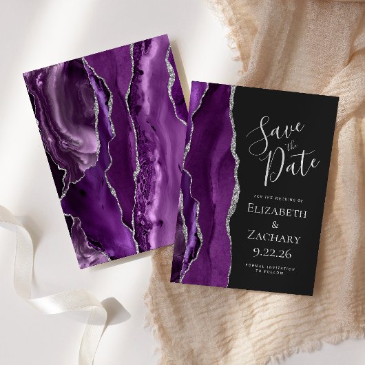 Lila Silver Agate Dunkle Save the Date Karte