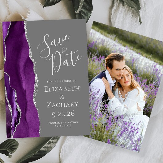 Lila Silver Agate Foto Graue Save the Date Karte