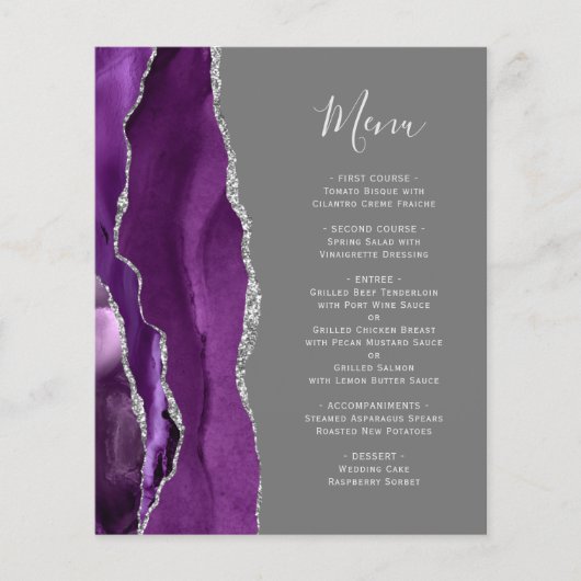 Lila Silver Agate Grey Wedding Menu (Vorderseite)