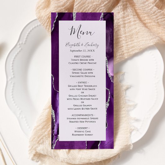 Lila Silver Agate Lavender Wedding Menükarte