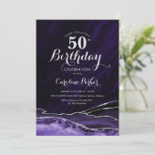 Lila Silver Agate Marble 50. Geburtstag Einladung (Stehend Vorderseite)