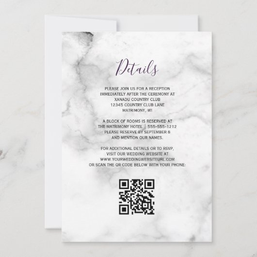 Lila Silver Agate Marble QR Code Hochzeit Einladung (Rückseite)