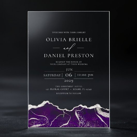 Lila Silver Agate Moderne Hochzeit Acryleinladungen