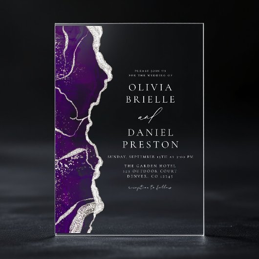 Lila Silver Agate Moderne Hochzeit Acryleinladungen