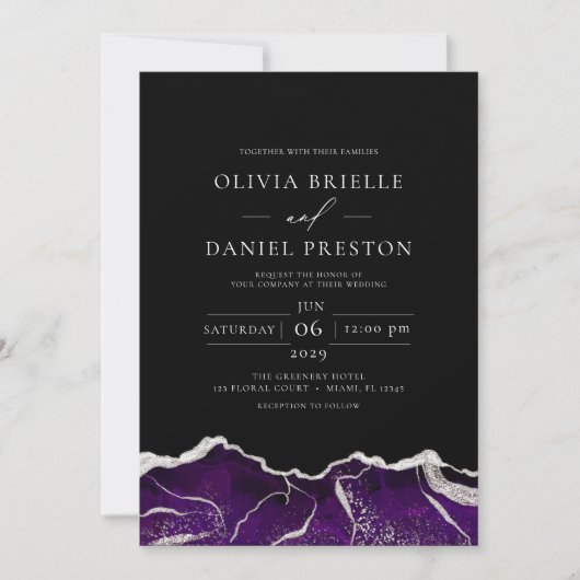 Lila Silver Agate Moderne Hochzeit Einladung (Vorderseite)