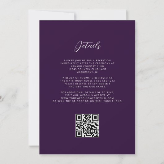 Lila Silver Agate Pum QR Code Hochzeit Einladung (Rückseite)