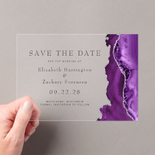Lila Silver Agate Save the Date Acryleinladungen (Insitu (Handheld))