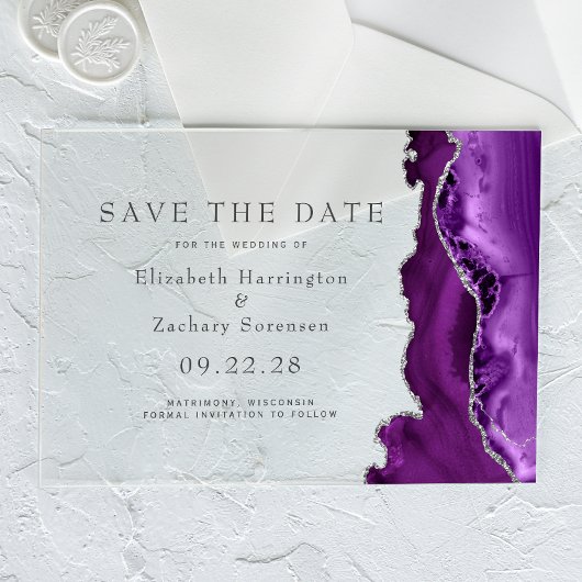 Lila Silver Agate Save the Date Acryleinladungen