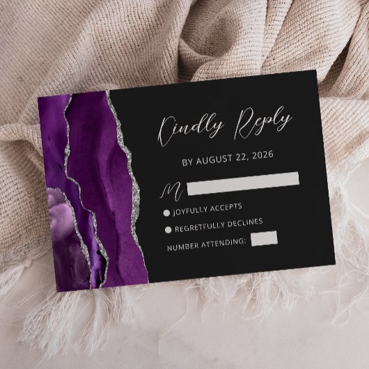 Lila Silver Agate Script Wedding RSVP Card