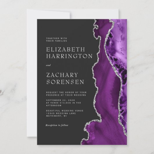 Lila Silver Agate Wedding Einladung (Vorderseite)