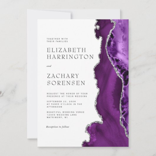 Lila Silver Agate Wedding Einladung (Vorderseite)