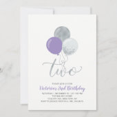 Lila & Silver Balloons Girl 2. Geburtstag Party Einladung (Vorderseite)