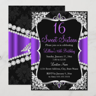 Lila Silver Black Tiara Sweet 16 Einladung