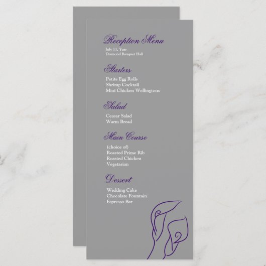 Lila & Silver Calla Lilies Empfang Menu Menükarte (Vorne/Hinten)