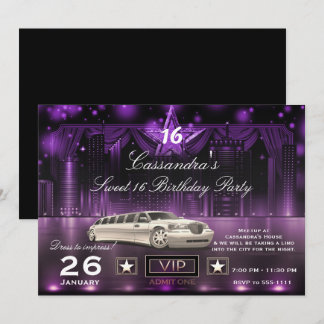 Lila & Silver City Lights Limo Geburtstagsparty Einladung