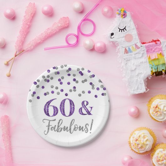 Lila Silver Confetti 60 und fabelhaft Pappteller (Party)
