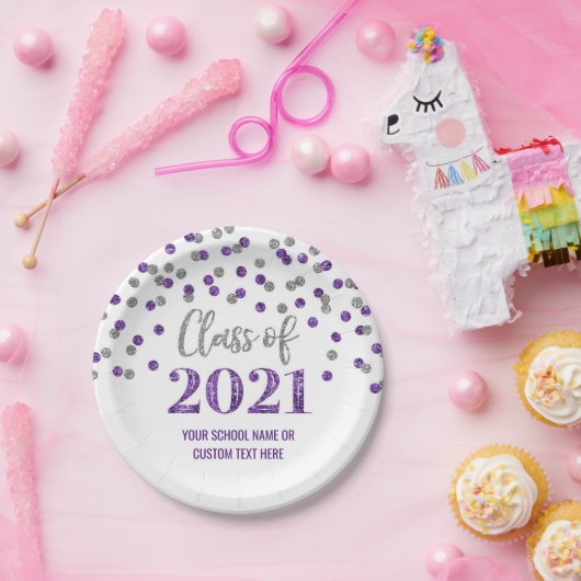 Lila Silver Confetti Abschluss 2021 Pappteller (Party)