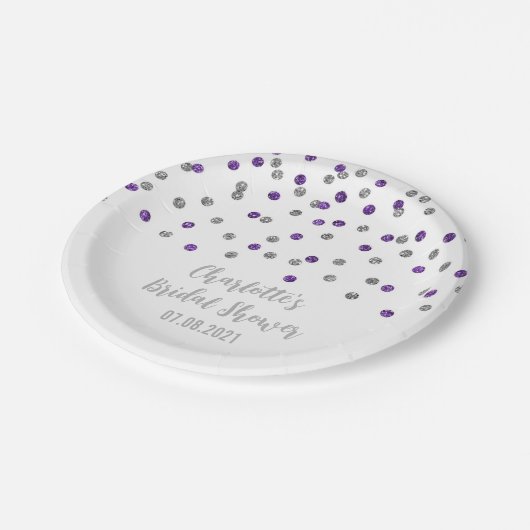 Lila Silver Confetti-Brautparty Pappteller (Schrägansicht)