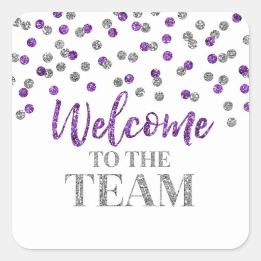 Lila Silver Confetti Willkommen im Team Quadratischer Aufkleber (Vorderseite)