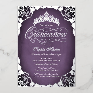 Lila Silver Elegante Script Rose Quinceanera Folieneinladung