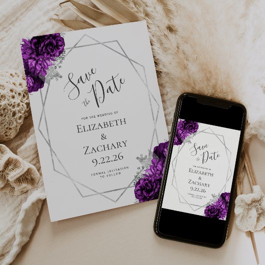 Lila Silver Floral Geometric Save the Date weiß