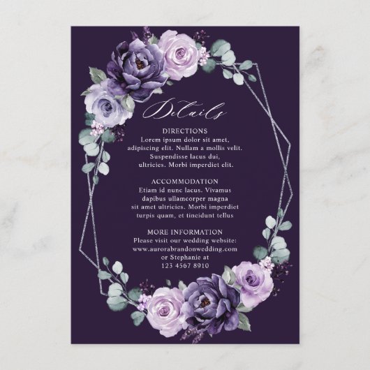 Lila Silver Floral Geometric Wedding Details En Begleitkarte (Vorderseite)