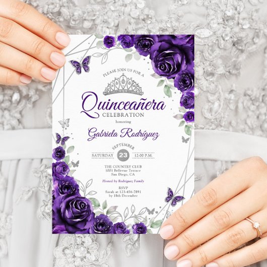 Lila Silver Floral Quinceanera Einladung
