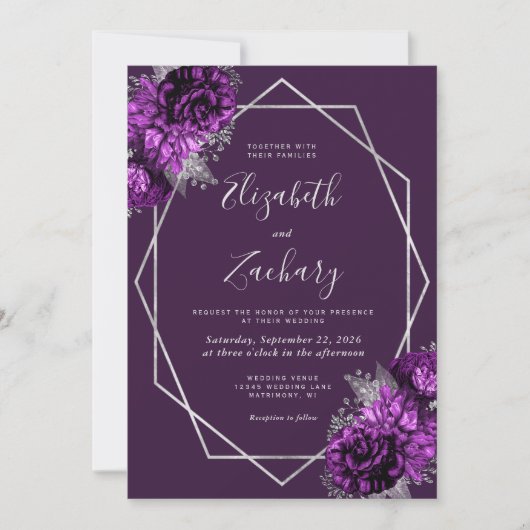 Lila Silver Geometric Floral QR Code Hochzeit Einladung (Vorderseite)