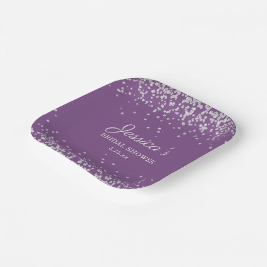Lila Silver Glitzer Bridge Name Brautparty Pappteller (Gewinkelt)