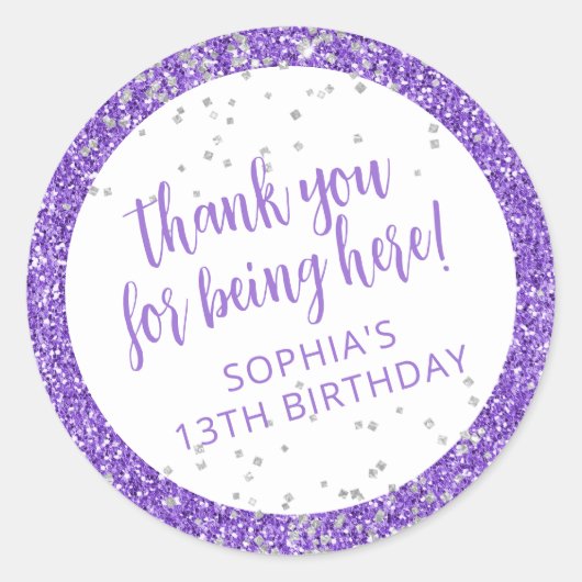 Lila Silver Glitzer Confetti Vielen Dank Runder Aufkleber (Vorderseite)
