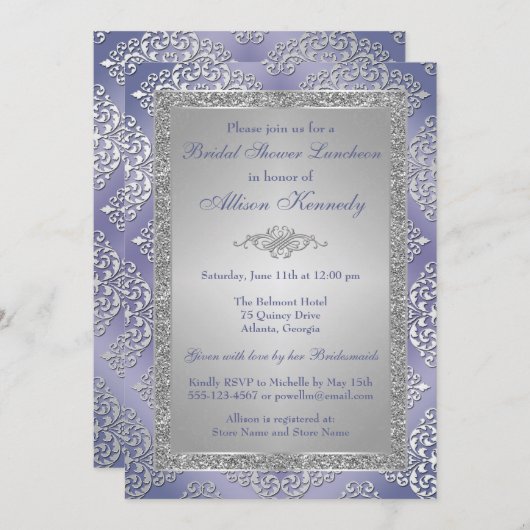 Lila, Silver Glitzer Damask Brautparty laden Einladung (Vorne/Hinten)