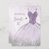 Lila Silver Glitzer Dress Sweet 16 Geburtstag Einladung (Vorne/Hinten)