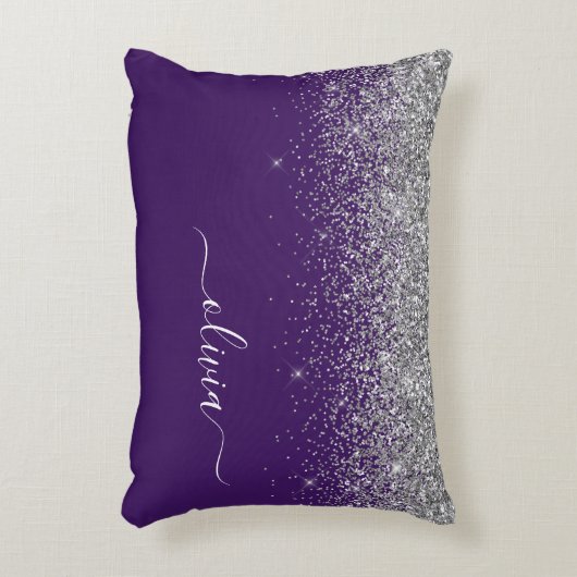 Lila Silver Glitzer Girly Glam Monogram Dekokissen (Vorderseite(Vertikal))