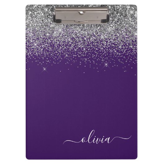 Lila Silver Glitzer Girly Glam Monogram Klemmbrett (Vorderseite)