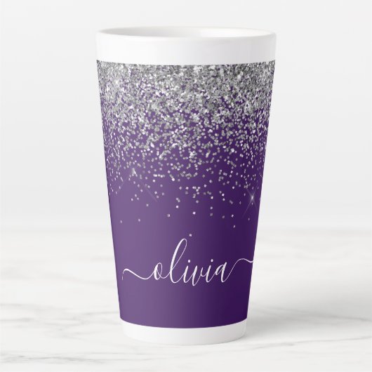 Lila Silver Glitzer Girly Glam Monogram Milchtasse (Vorderseite)