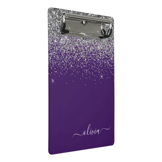 Lila Silver Glitzer Girly Glam Monogram Mini Klemmbrett (Schrägansicht)