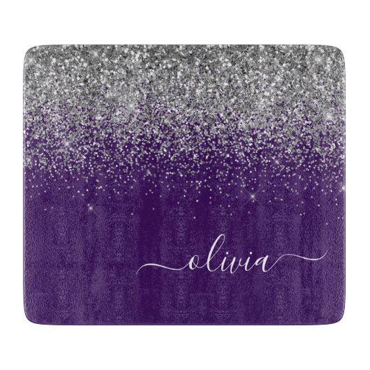 Lila Silver Glitzer Girly Glam Monogram Schneidebrett (Vorderseite)