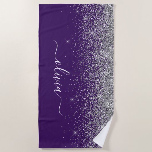 Lila Silver Glitzer Girly Glam Monogram Strandtuch (Vorderseite)