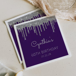Lila Silver Glitzer Tropfen 60. Geburtstagsparty Serviette