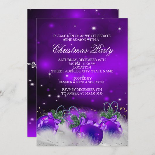 Lila Silver Gold Holly Baubles Weihnachtsfest Part Einladung (Vorne/Hinten)