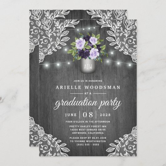 Lila Silver Graue Floral Rustic Graduation Party Einladung (Vorne/Hinten)